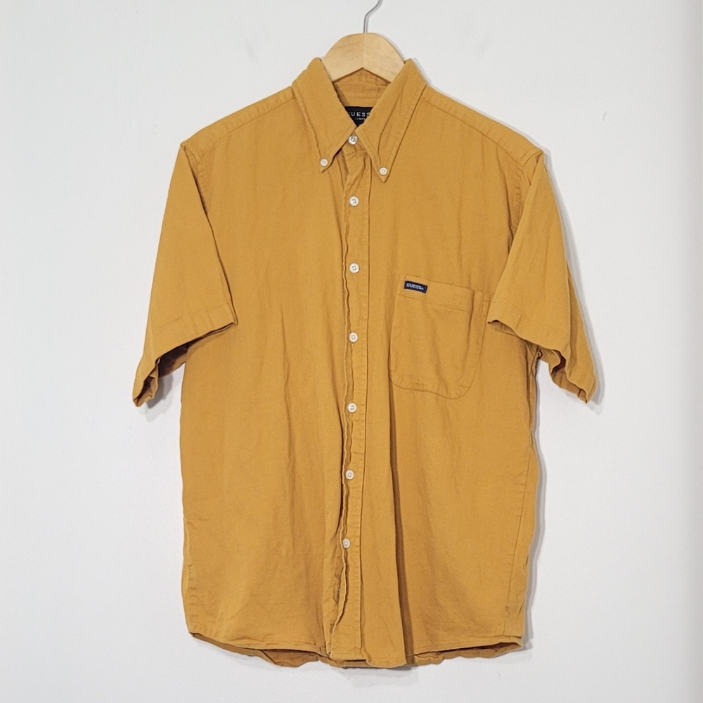 Guess Jeans Vintage Men's Mustard Yellow Cotton Button-Down Short Sleeve Shirt M